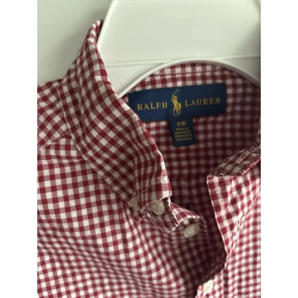 Ralph Lauren Boys Dark Red/White Plaid Button Down Long Sleeve Shirt Size 8